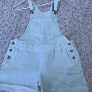 White jean short overalls
